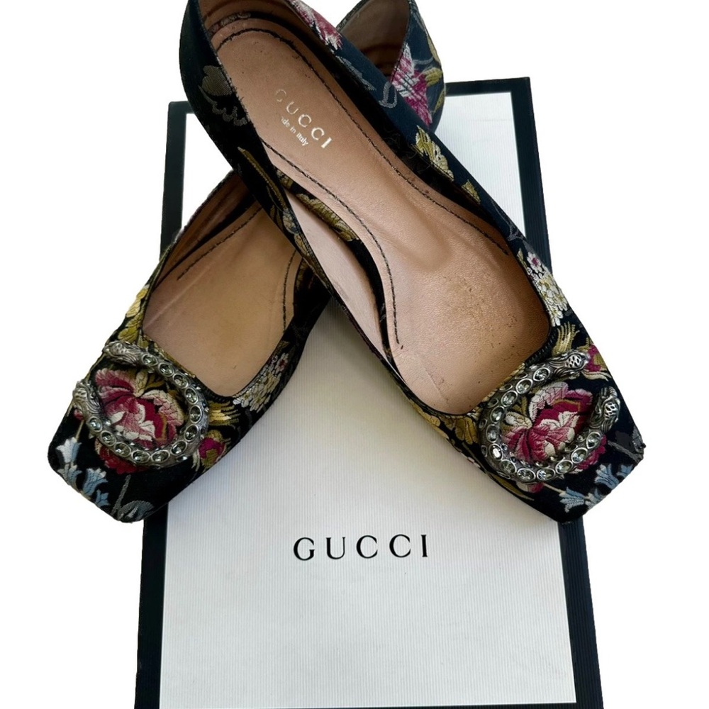GUCCI WOMENS DIONYSUS BALLET FLAT MULTICOLOR FLORAL PRINT SQUARE TOE SZ 37